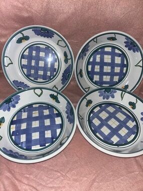 Caleca Italy Hand-Painted Blue Floral & Check Ceramic Bowls - Set of 4